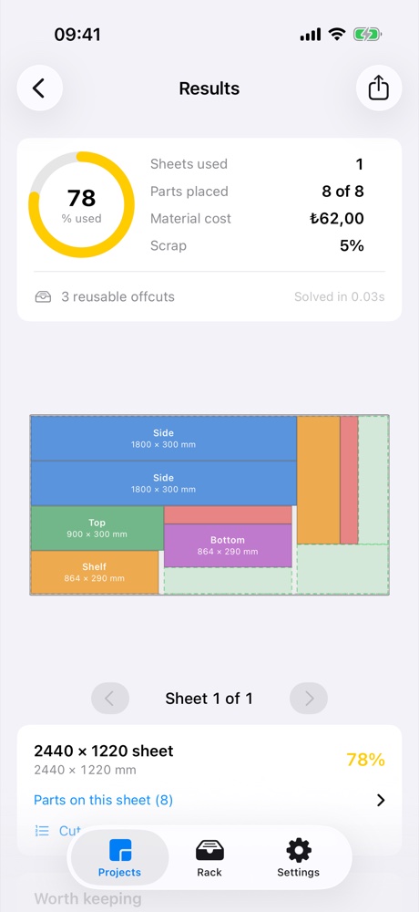 Kesim app showing an eight-part bookcase laid out on one sheet